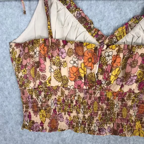 Patrons of Peace Crop Top Medium Orange Tank Floral Ruffle Boho Western‎ Tie Bow - Picture 5 of 10